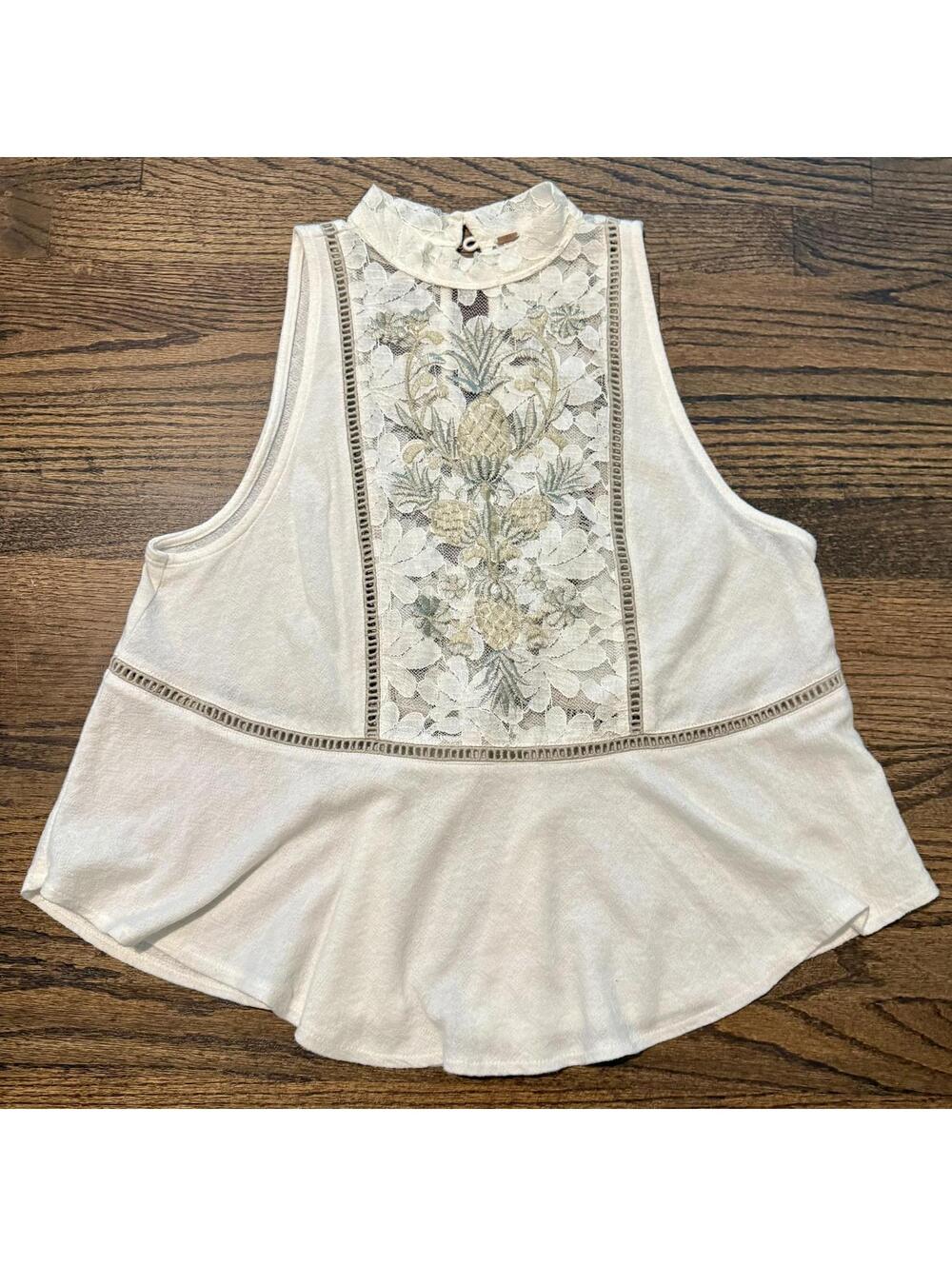 FREE PEOPLE Flora & Pineapple Embroidered Inset Ruffle Hem Top M